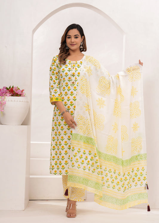 Yellow Butti Hand Block Printed Cotton Suit Set