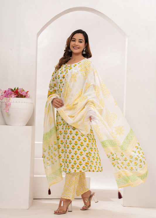 Yellow Butti Hand Block Printed Cotton Suit Set