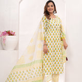 Yellow Butti Hand Block Printed Cotton Suit Set