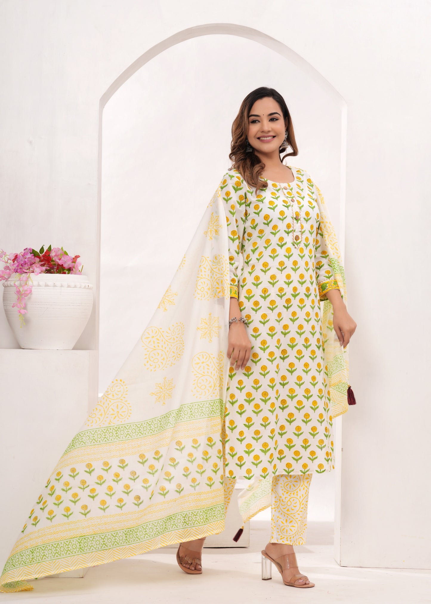 Yellow Butti Hand Block Printed Cotton Suit Set