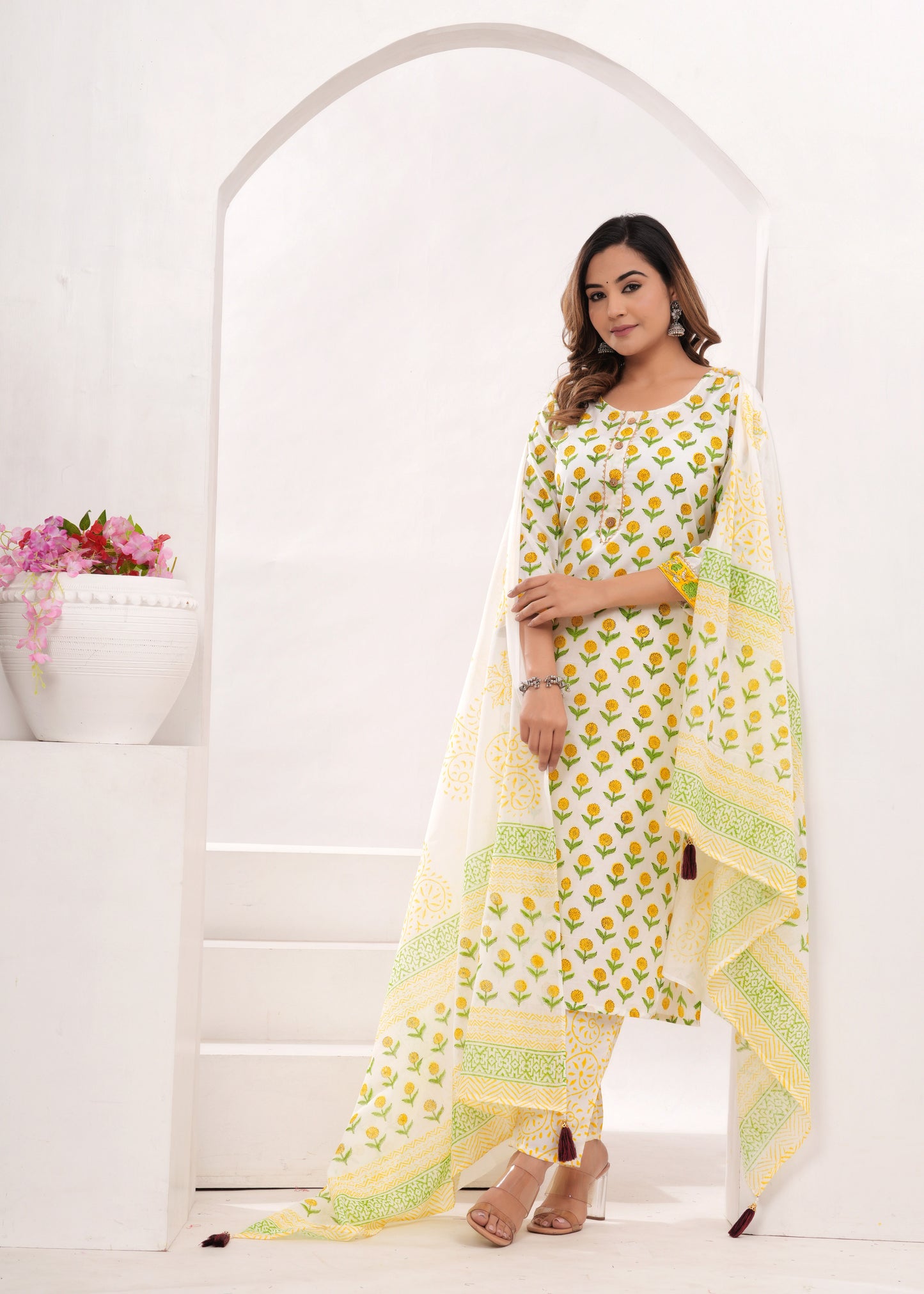 Yellow Butti Hand Block Printed Cotton Suit Set