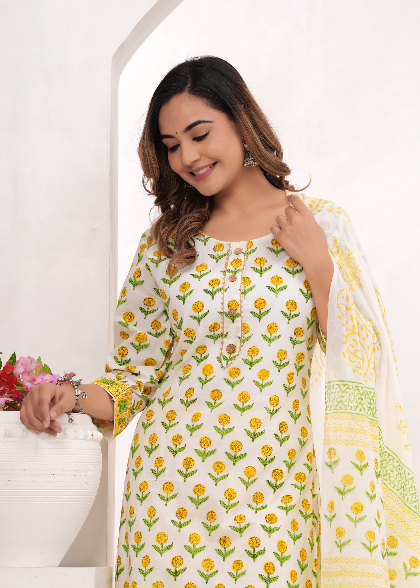 Yellow Butti Hand Block Printed Cotton Suit Set