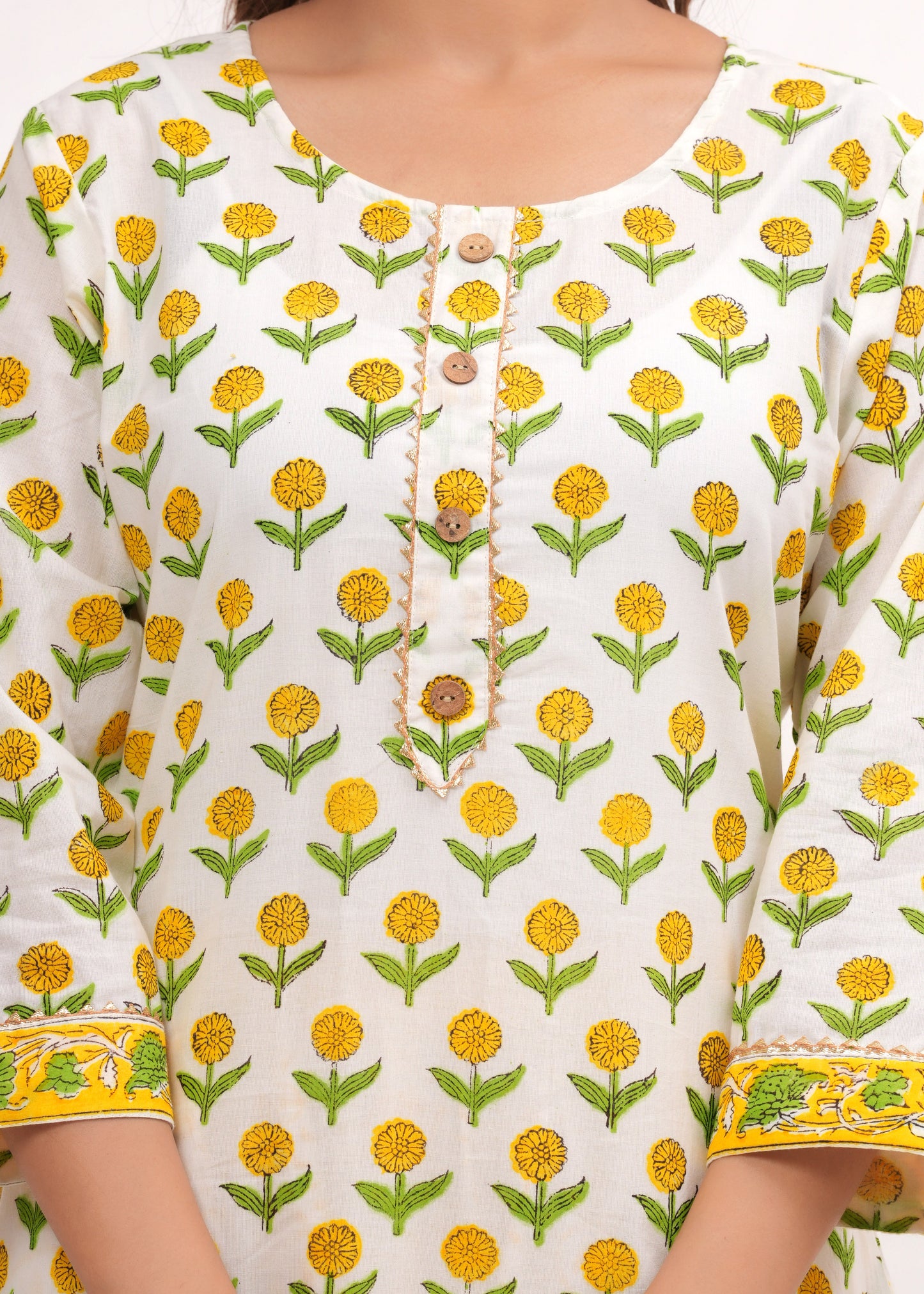 Yellow Butti Hand Block Printed Cotton Suit Set