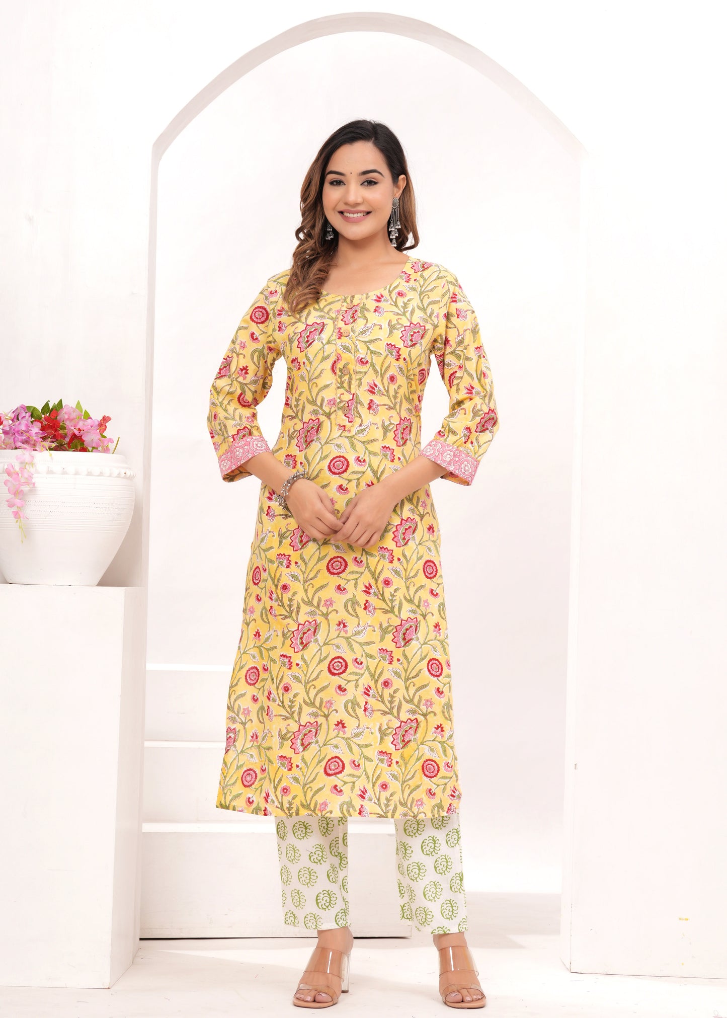 Yellow Hand Block Printed Cotton Suit Set
