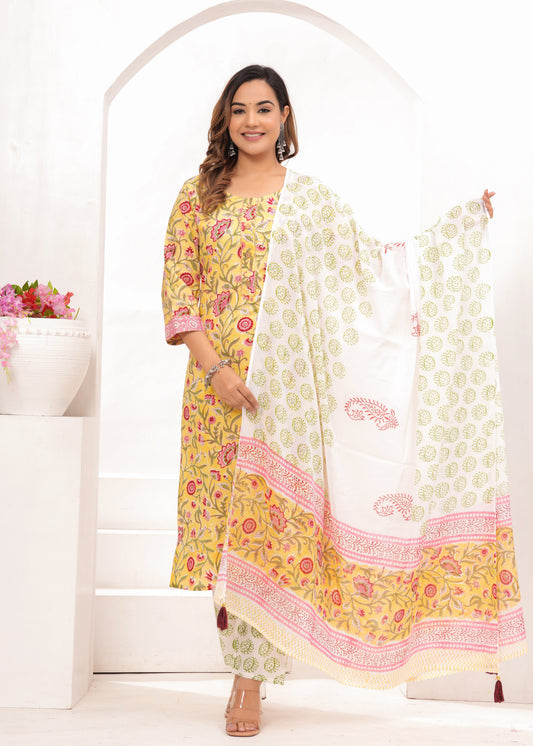 Yellow Hand Block Printed Cotton Suit Set