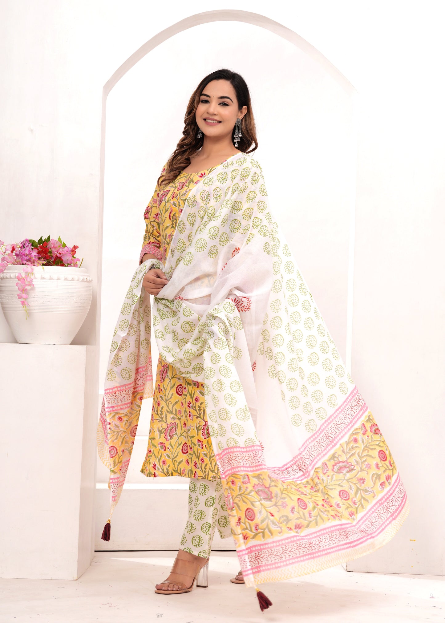 Yellow Hand Block Printed Cotton Suit Set