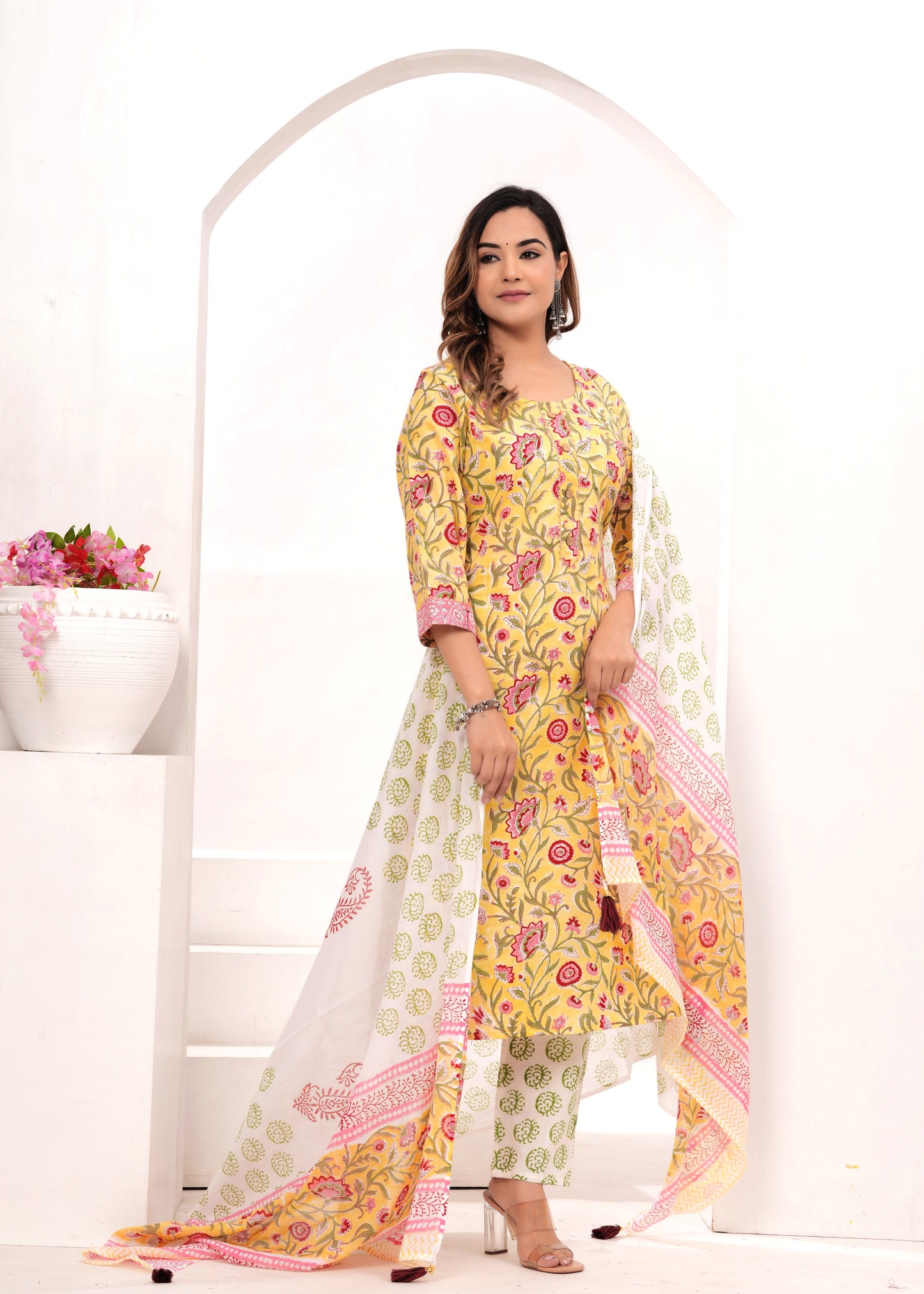 Yellow Hand Block Printed Cotton Suit Set