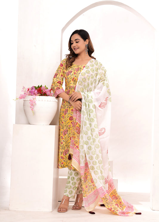 Yellow Hand Block Printed Cotton Suit Set