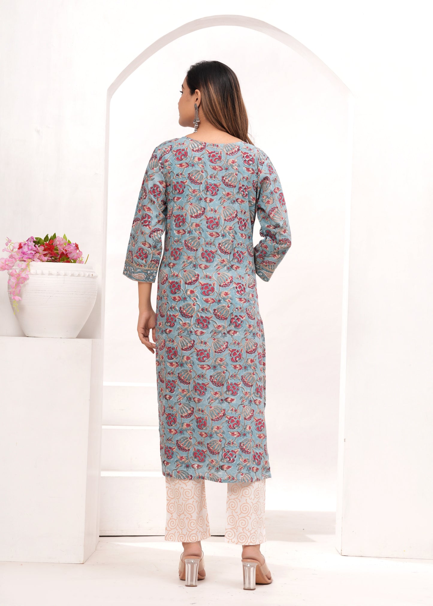 Red Floral Jaal Hand Block Printed Cotton Suit Set