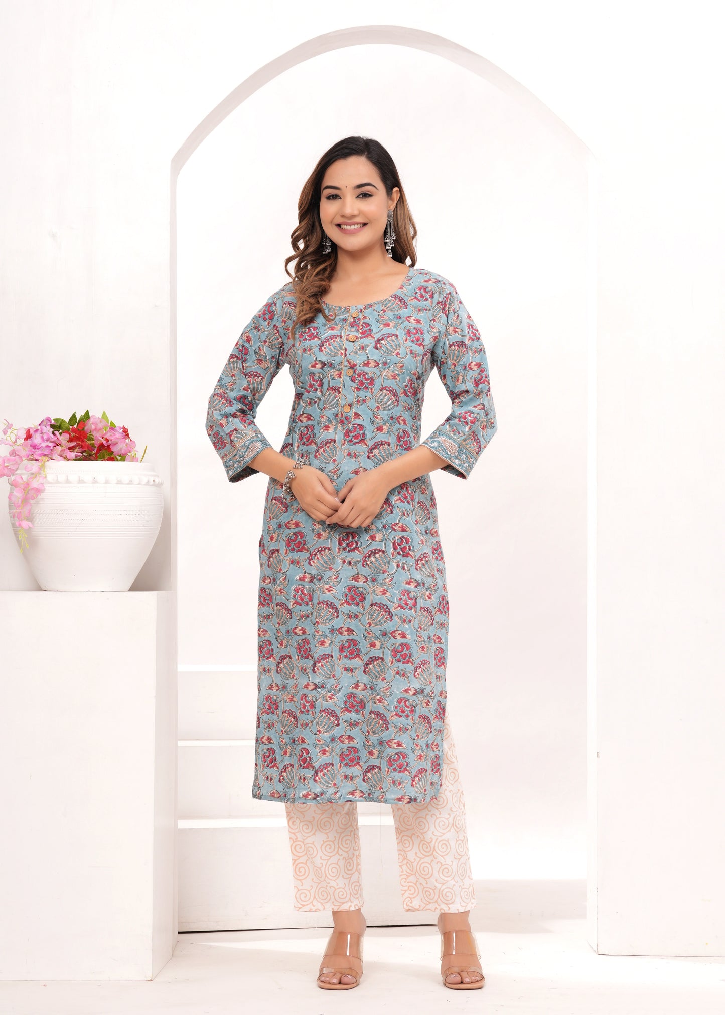 Red Floral Jaal Hand Block Printed Cotton Suit Set