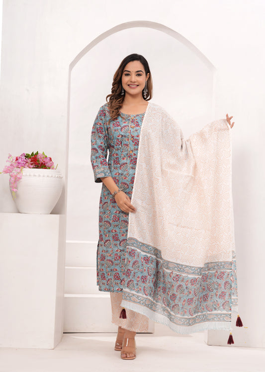 Red Floral Jaal Hand Block Printed Cotton Suit Set