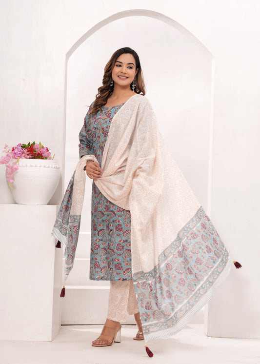 Red Floral Jaal Hand Block Printed Cotton Suit Set