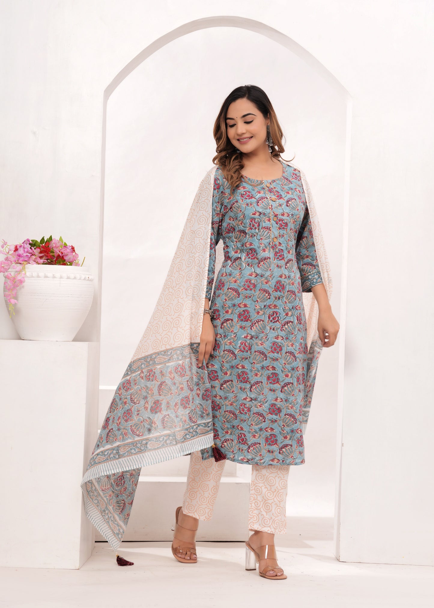 Red Floral Jaal Hand Block Printed Cotton Suit Set