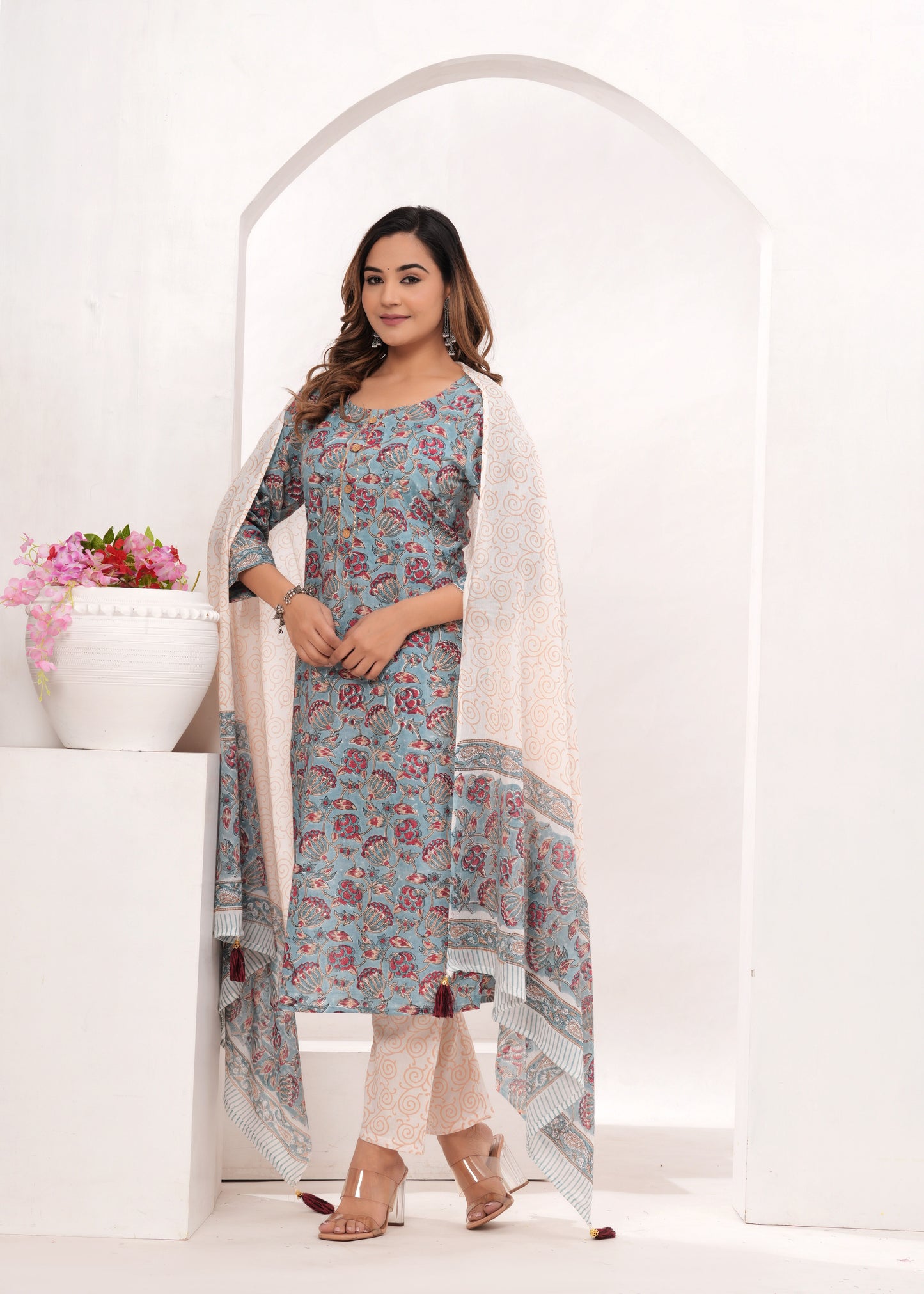 Red Floral Jaal Hand Block Printed Cotton Suit Set