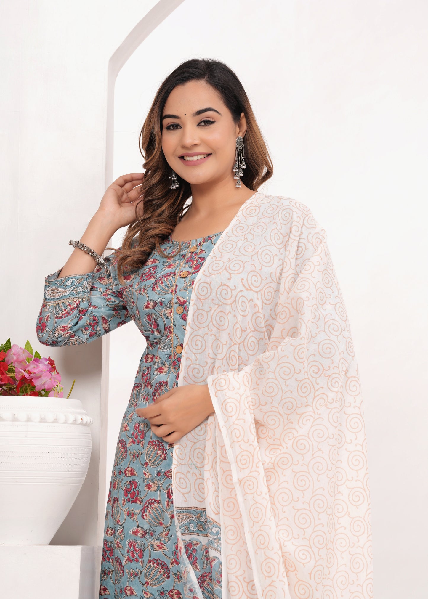 Red Floral Jaal Hand Block Printed Cotton Suit Set