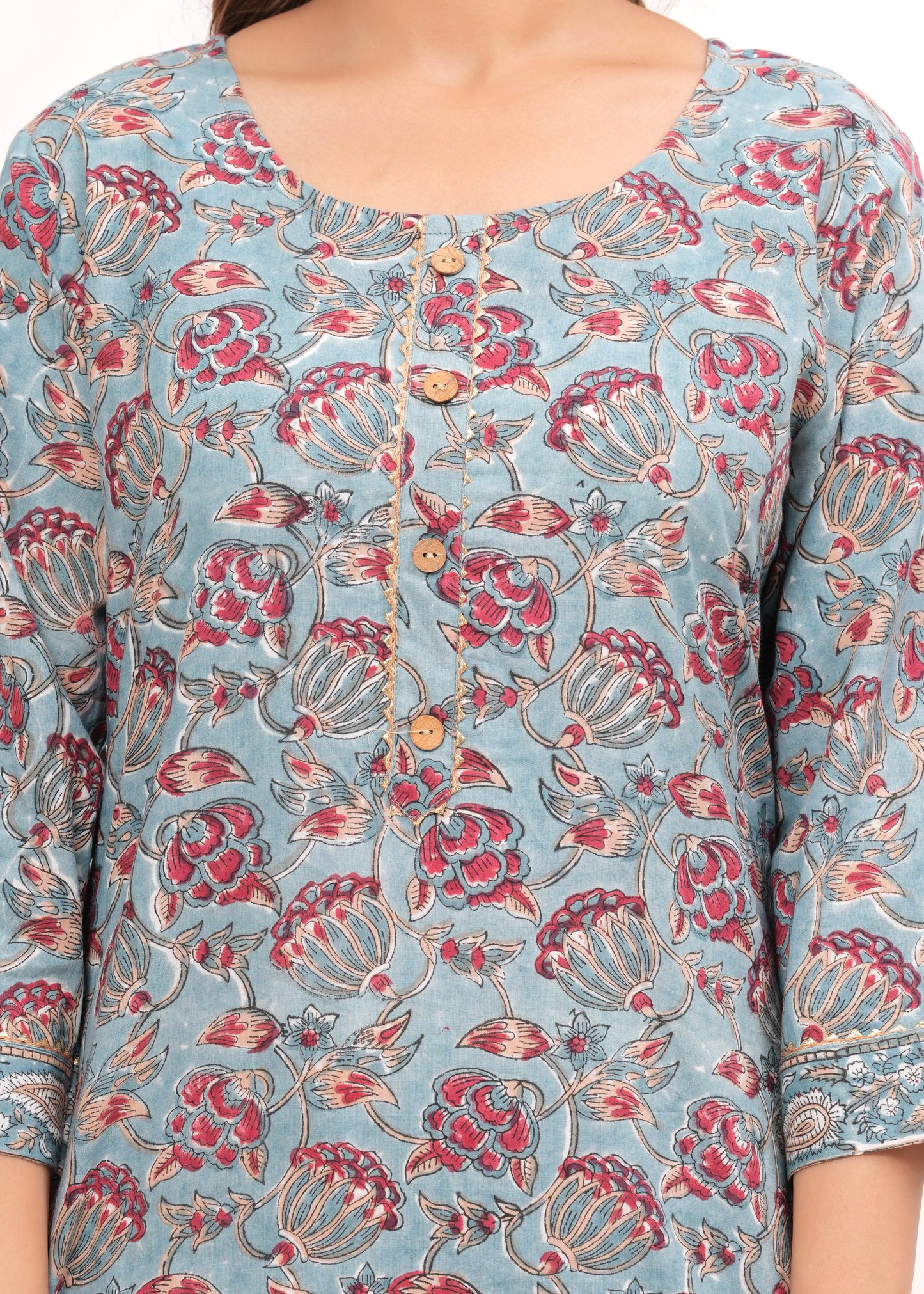 Red Floral Jaal Hand Block Printed Cotton Suit Set