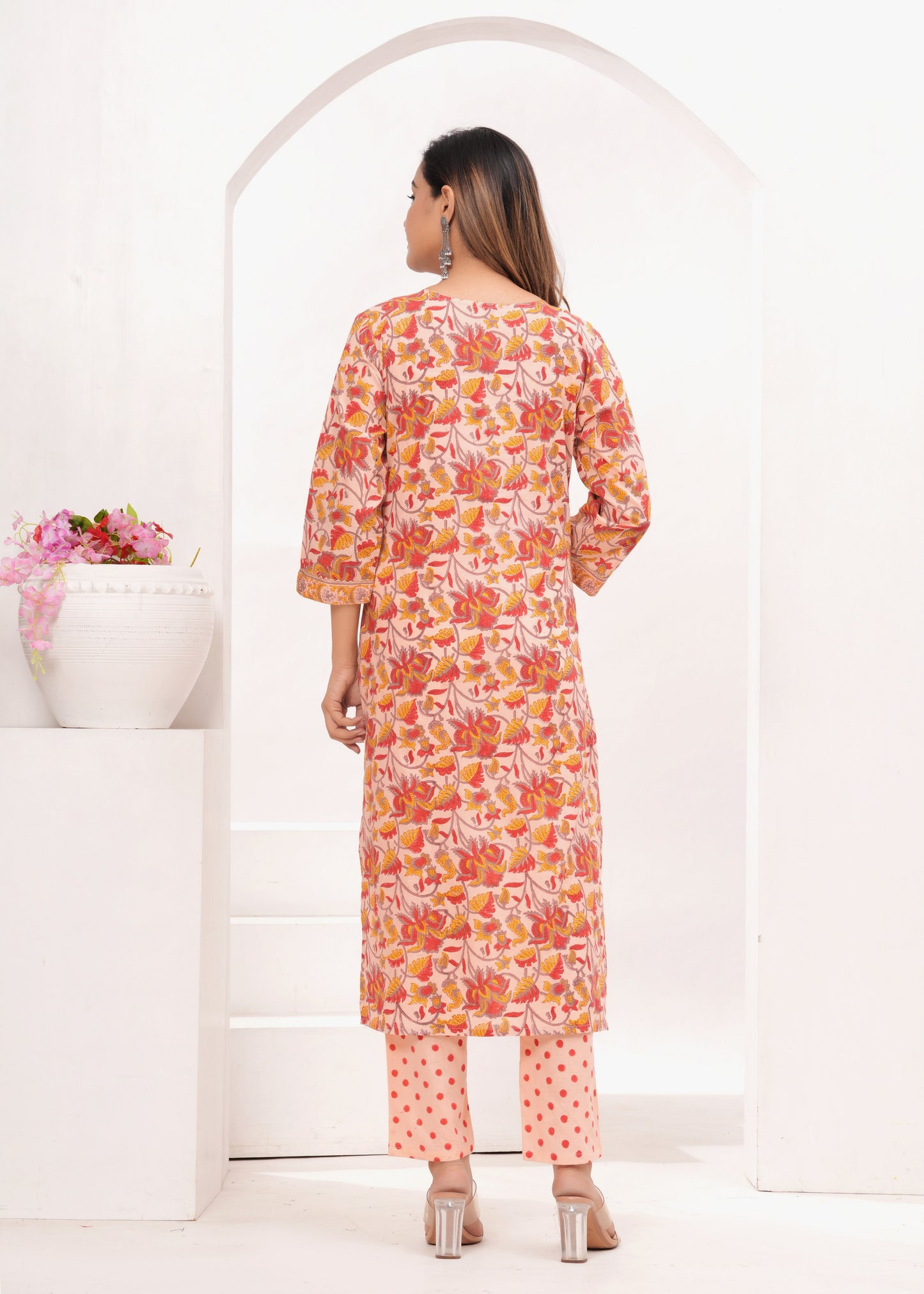 Peach Floral Jaal Hand Block Printed Cotton Suit Set