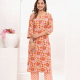 Peach Floral Jaal Hand Block Printed Cotton Suit Set