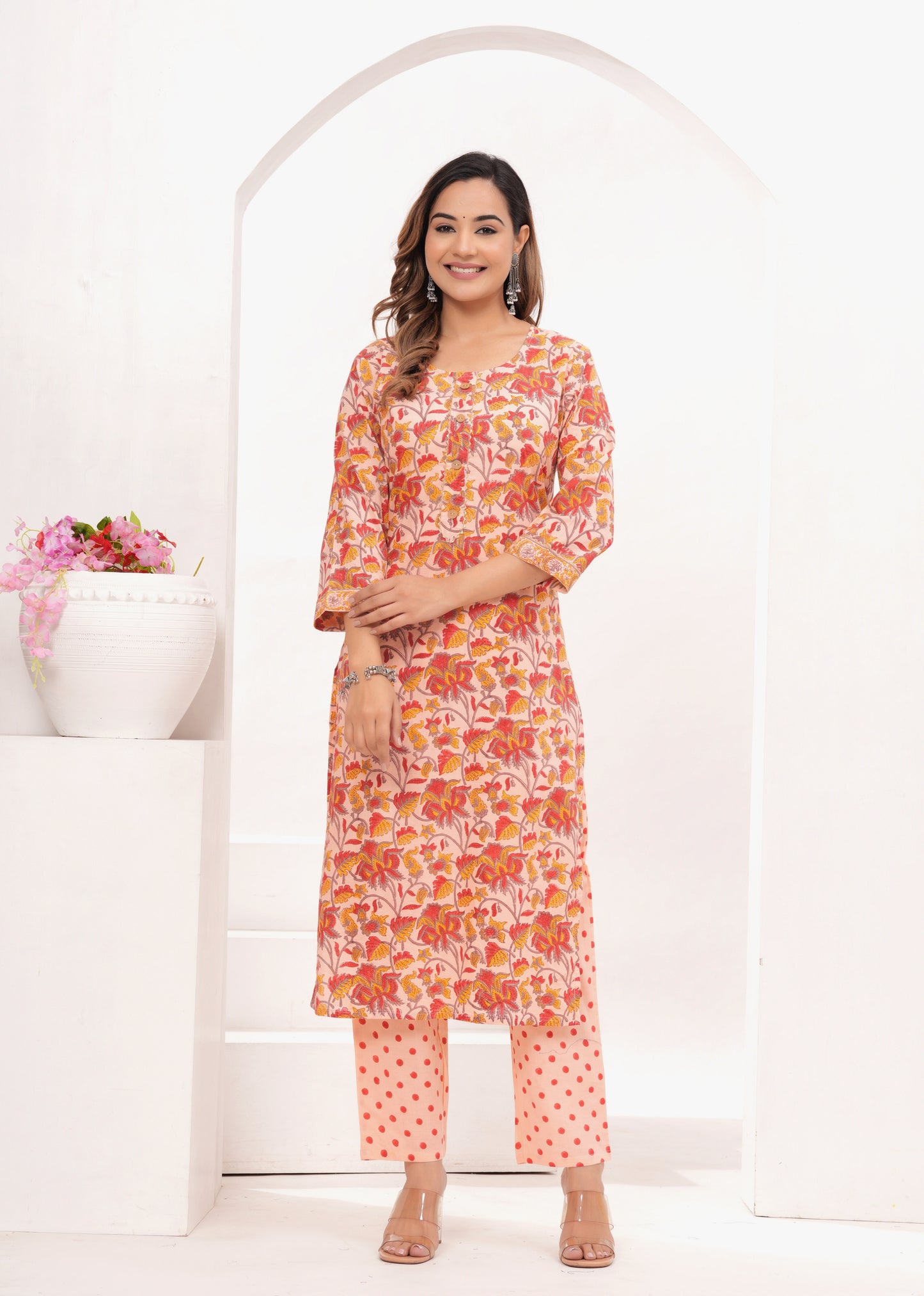Peach Floral Jaal Hand Block Printed Cotton Suit Set
