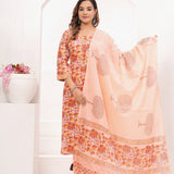 Peach Floral Jaal Hand Block Printed Cotton Suit Set