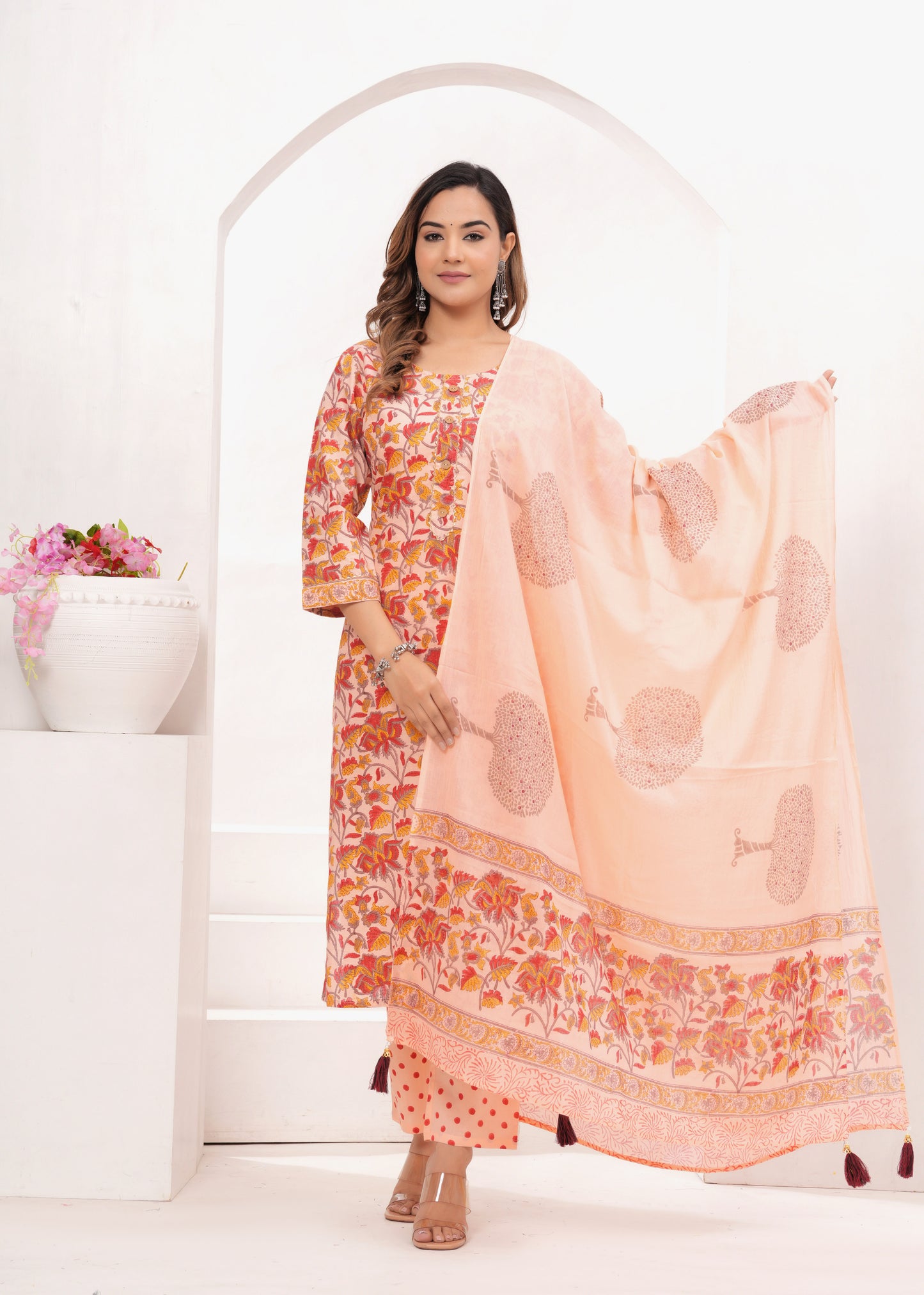 Peach Floral Jaal Hand Block Printed Cotton Suit Set