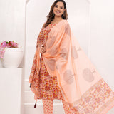 Peach Floral Jaal Hand Block Printed Cotton Suit Set