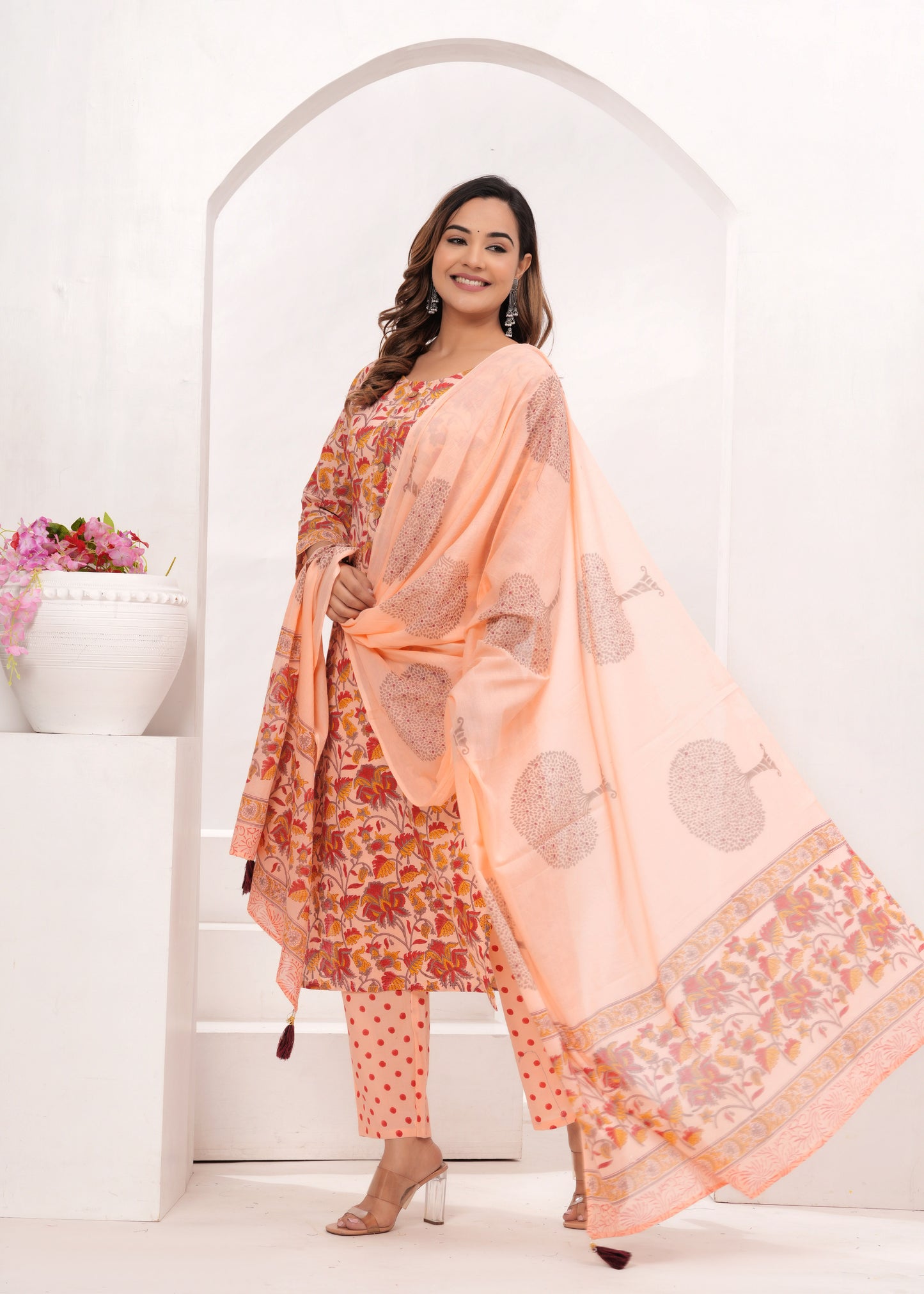 Peach Floral Jaal Hand Block Printed Cotton Suit Set