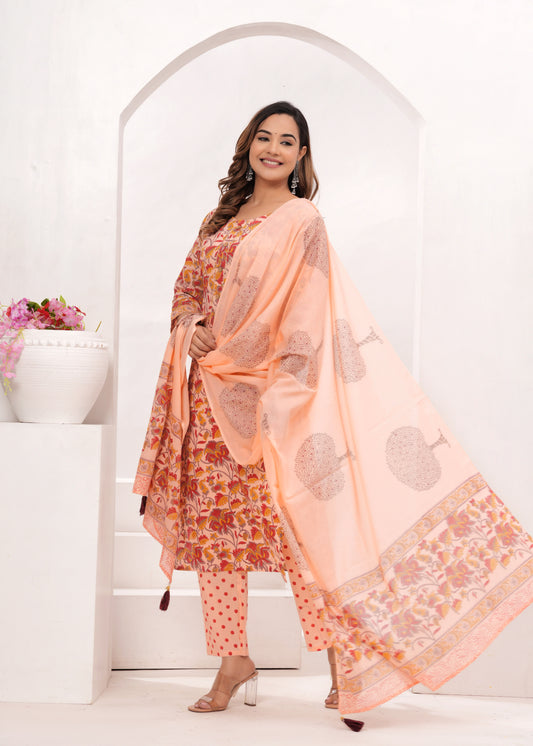 Peach Floral Jaal Hand Block Printed Cotton Suit Set