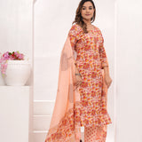 Peach Floral Jaal Hand Block Printed Cotton Suit Set