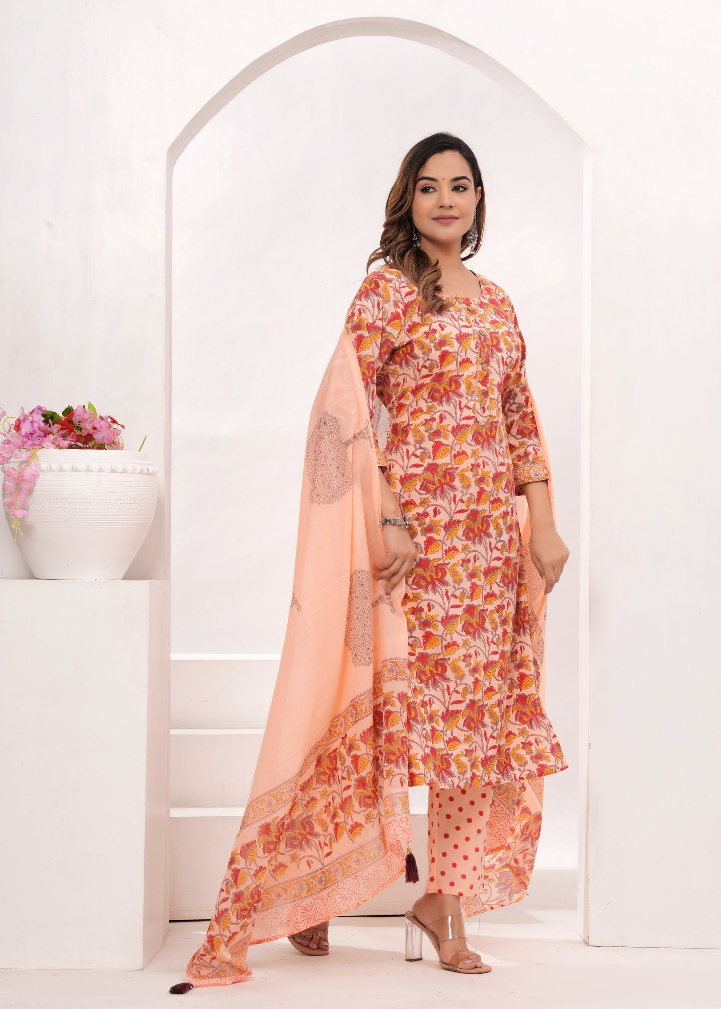 Peach Floral Jaal Hand Block Printed Cotton Suit Set