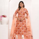 Peach Floral Jaal Hand Block Printed Cotton Suit Set