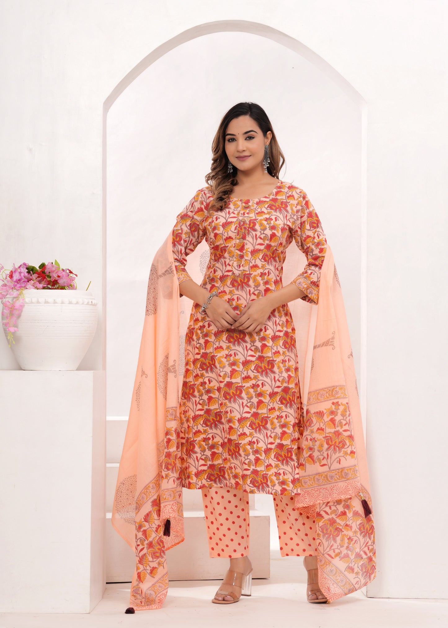 Peach Floral Jaal Hand Block Printed Cotton Suit Set