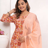 Peach Floral Jaal Hand Block Printed Cotton Suit Set