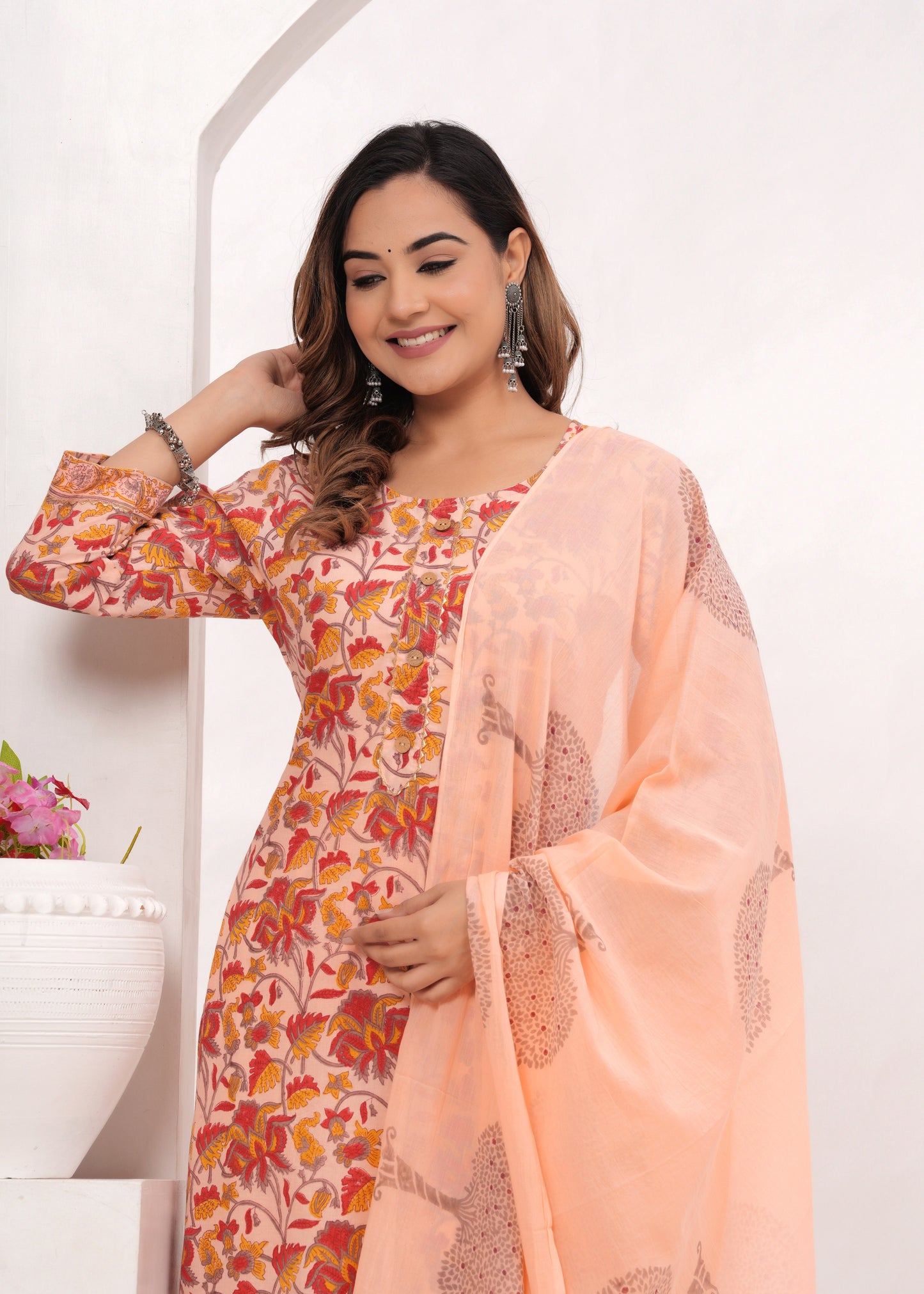 Peach Floral Jaal Hand Block Printed Cotton Suit Set