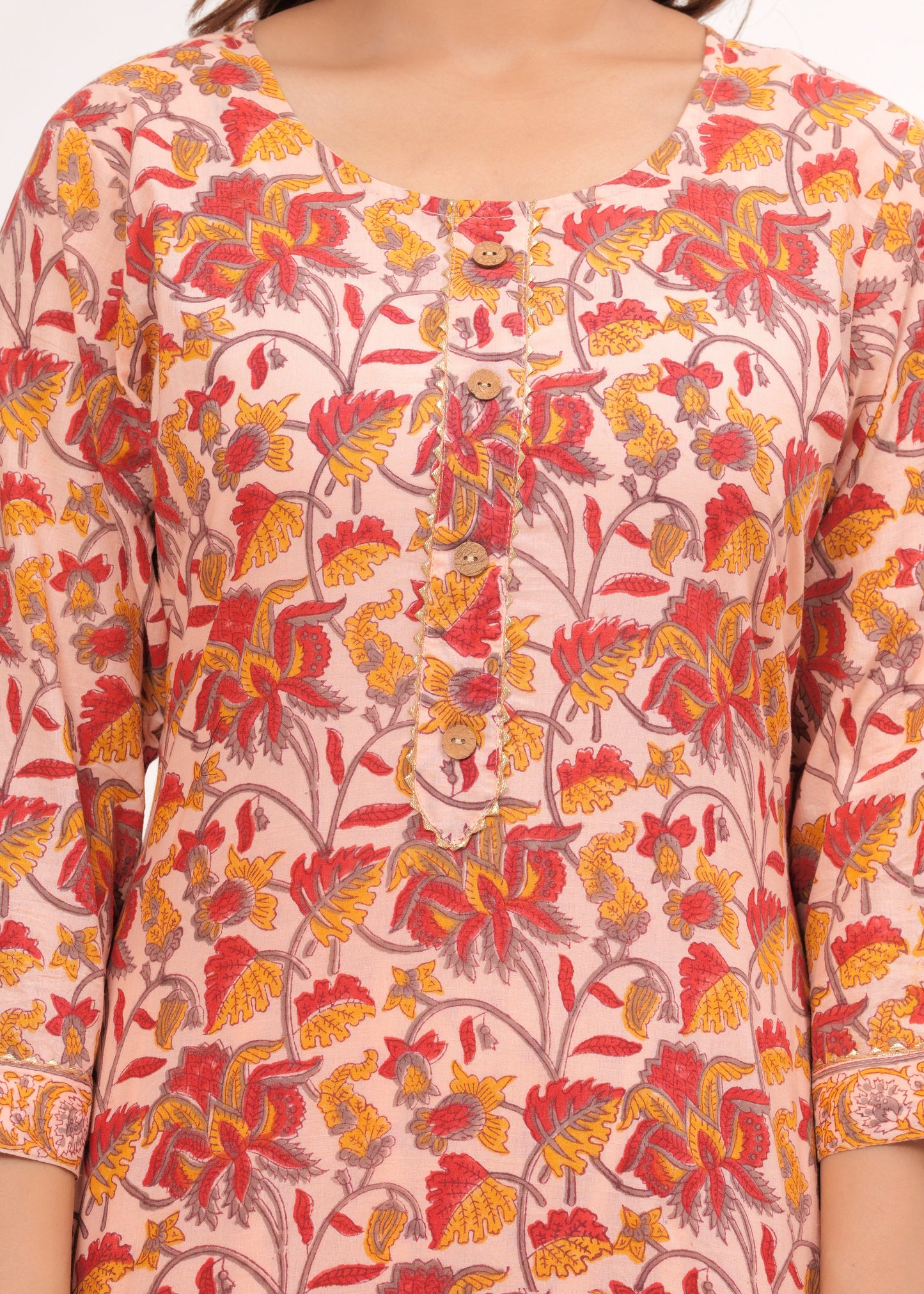 Peach Floral Jaal Hand Block Printed Cotton Suit Set