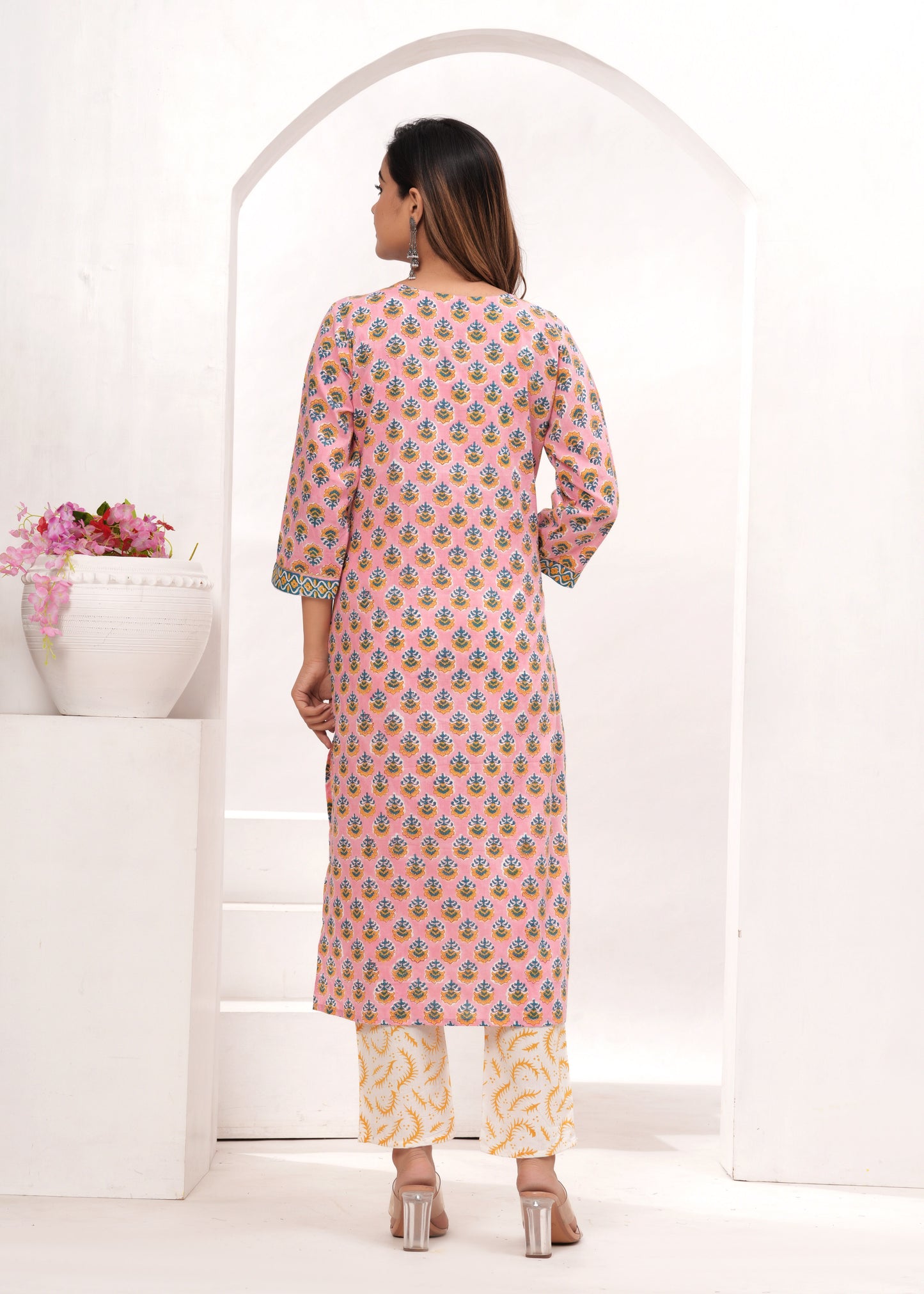Peach Butti Cotton Hand Block Printed Suit Set