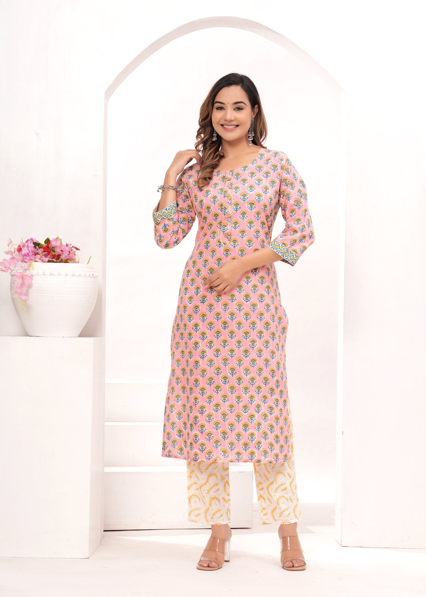 Peach Butti Cotton Hand Block Printed Suit Set