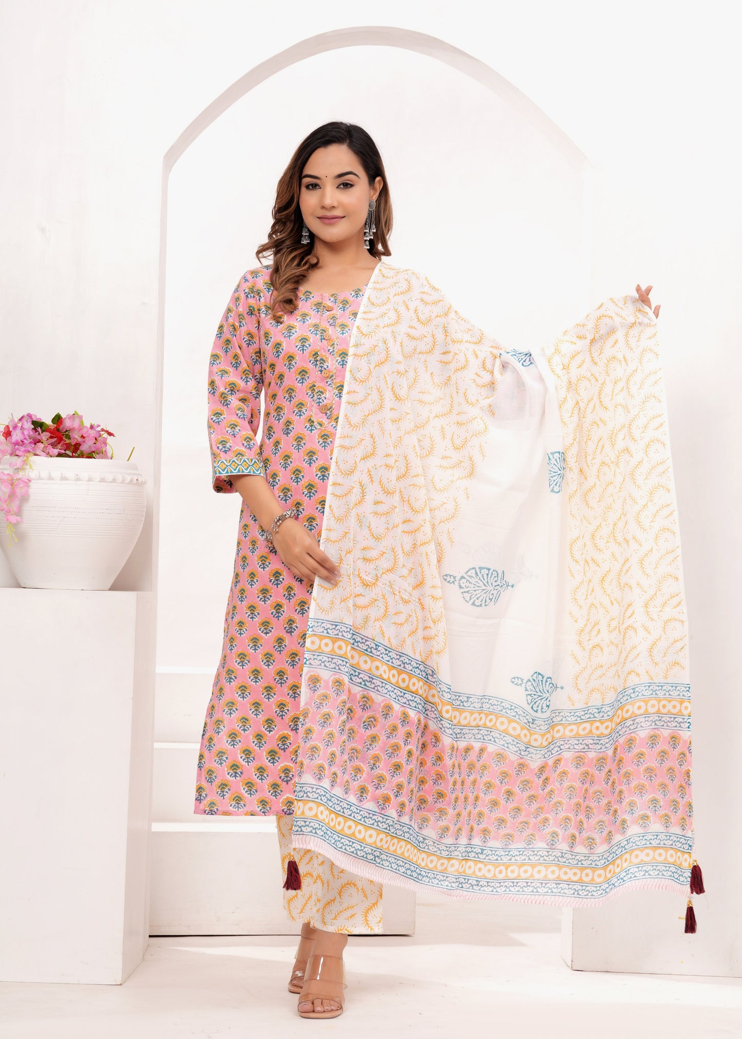 Peach Butti Cotton Hand Block Printed Suit Set