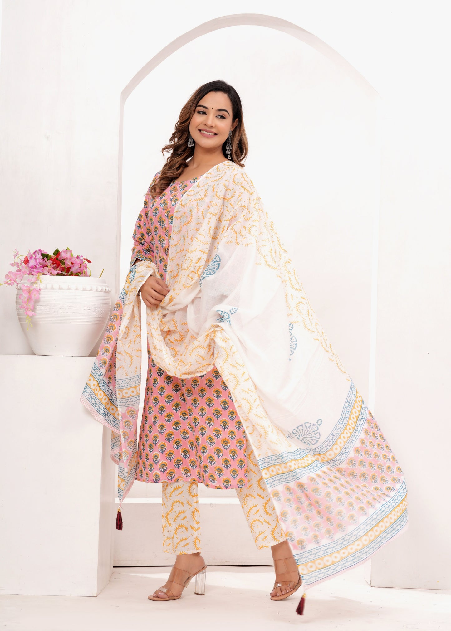Peach Butti Cotton Hand Block Printed Suit Set