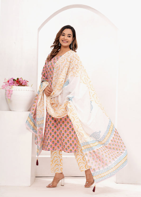 Peach Butti Cotton Hand Block Printed Suit Set