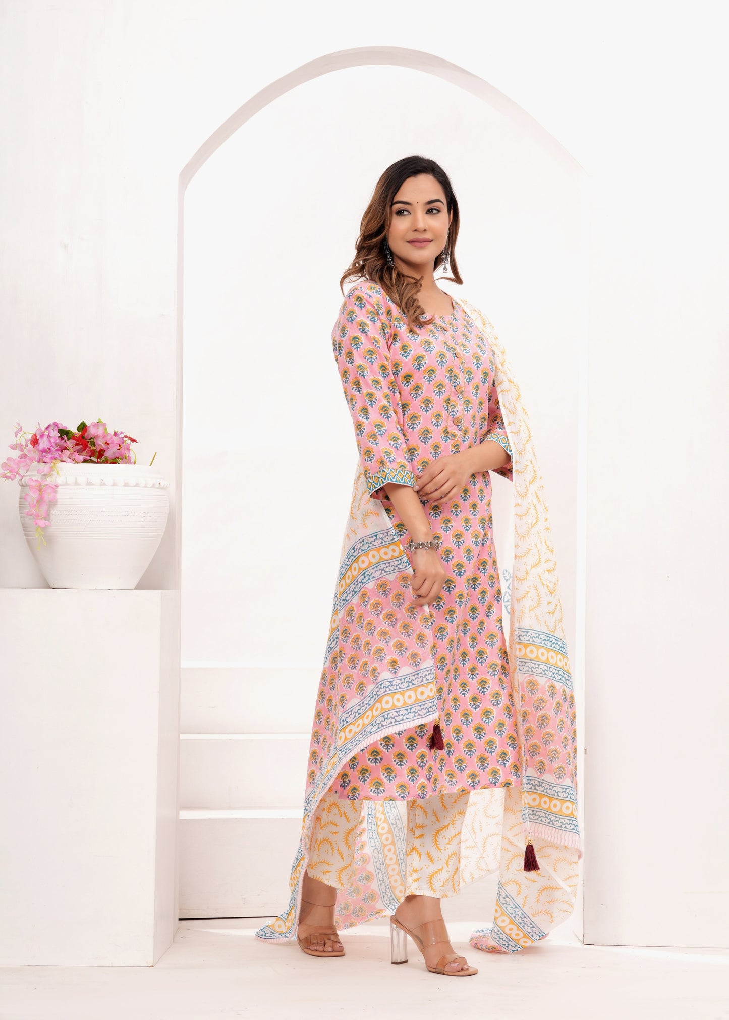 Peach Butti Cotton Hand Block Printed Suit Set