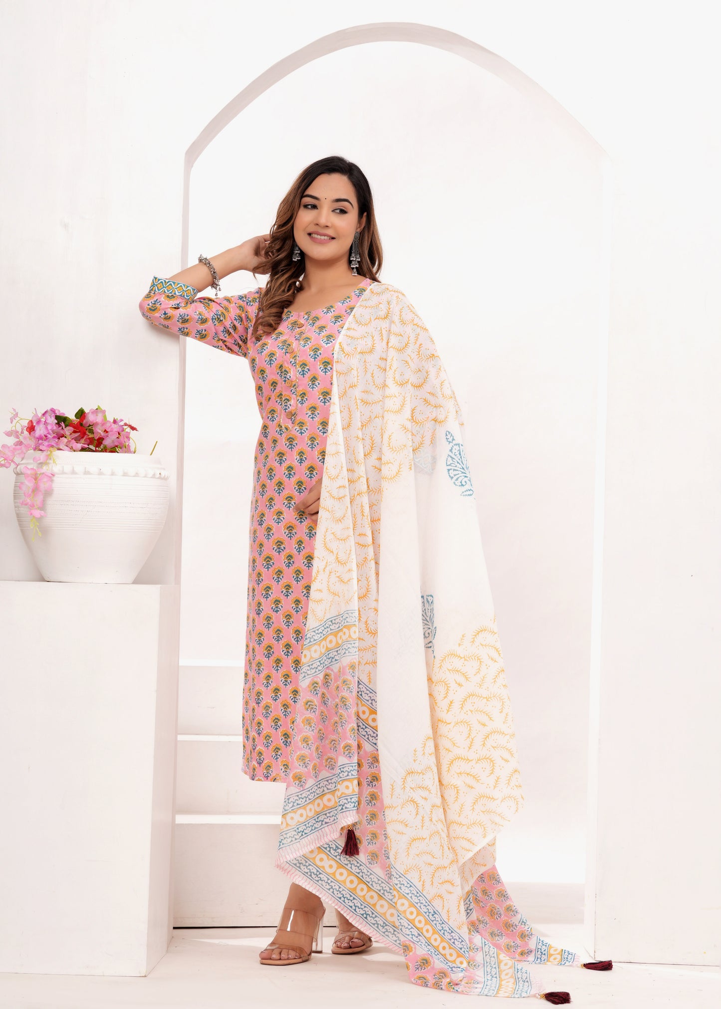 Peach Butti Cotton Hand Block Printed Suit Set
