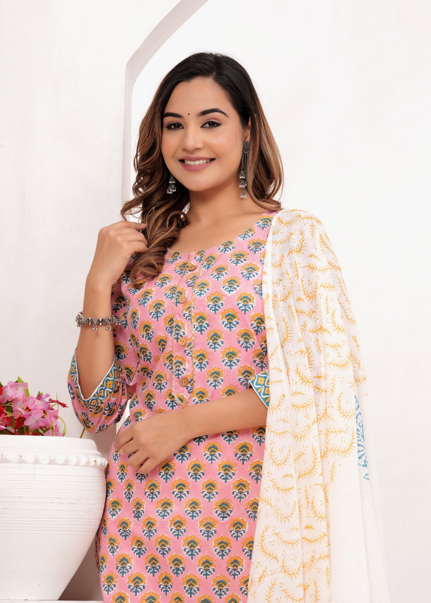 Peach Butti Cotton Hand Block Printed Suit Set