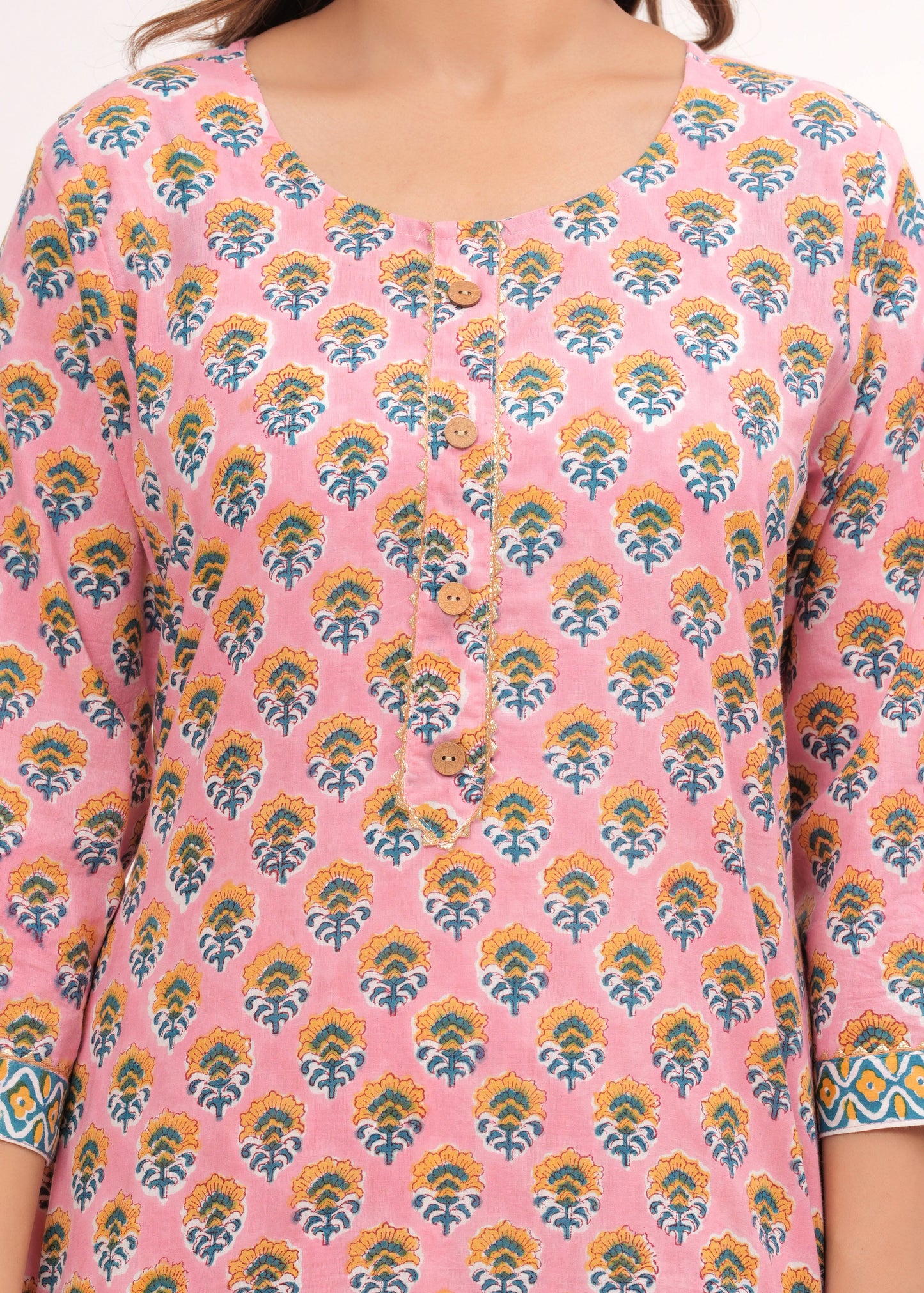 Peach Butti Cotton Hand Block Printed Suit Set