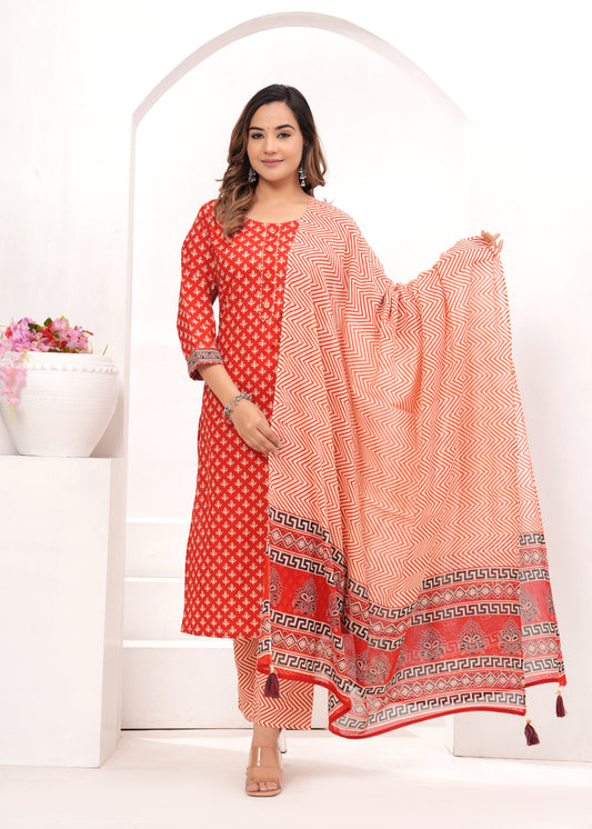 Red Butti Jaipuri Cotton Printed Suit Set
