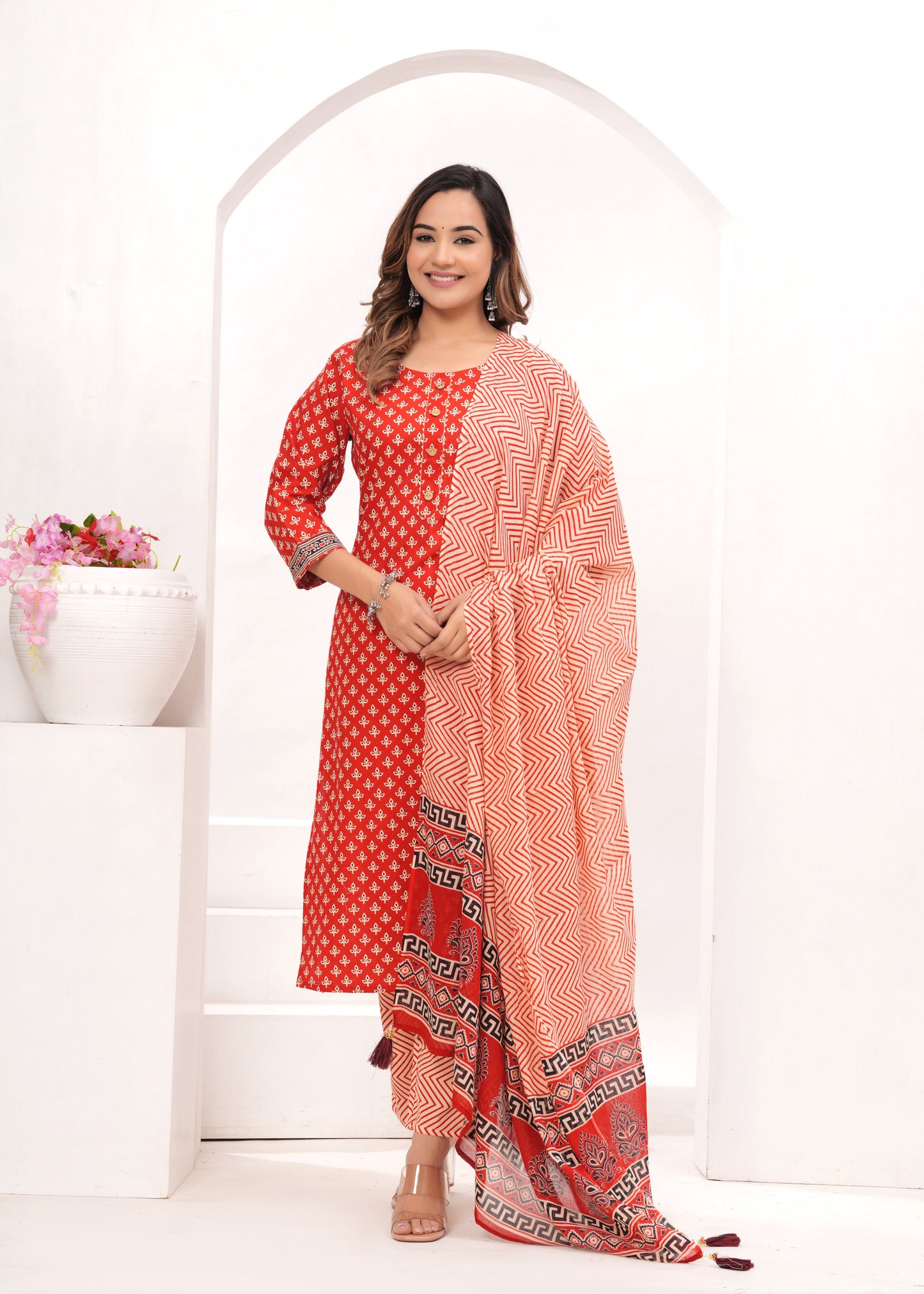 Red Butti Jaipuri Cotton Printed Suit Set