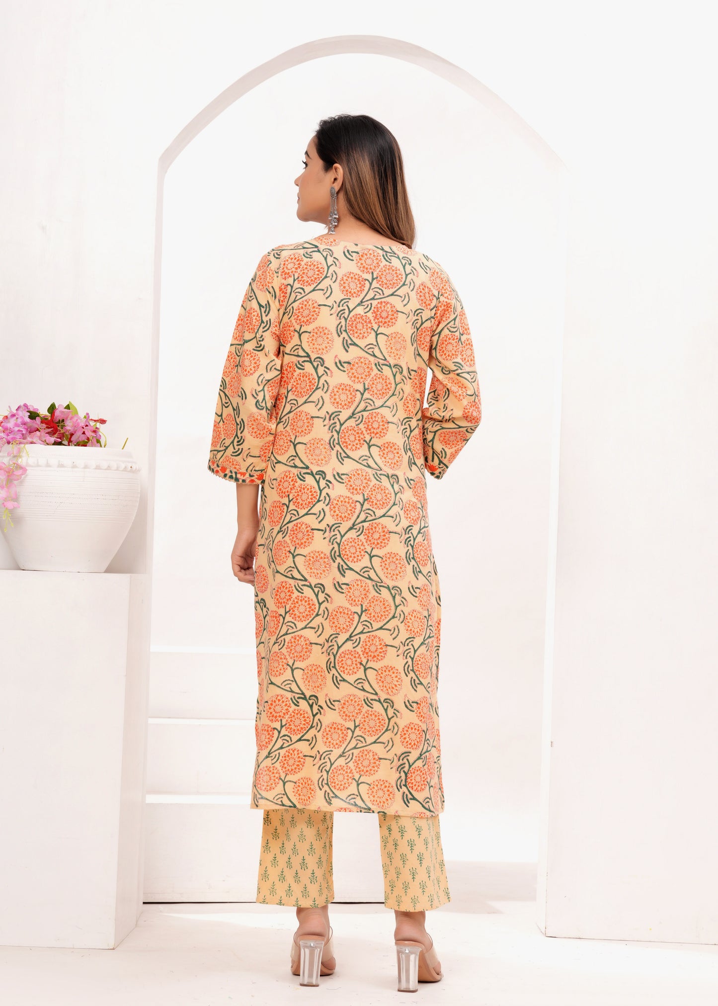 Peach - Orange Floral Hand Block Printed Cotton Suit Set