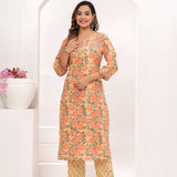 Peach - Orange Floral Hand Block Printed Cotton Suit Set