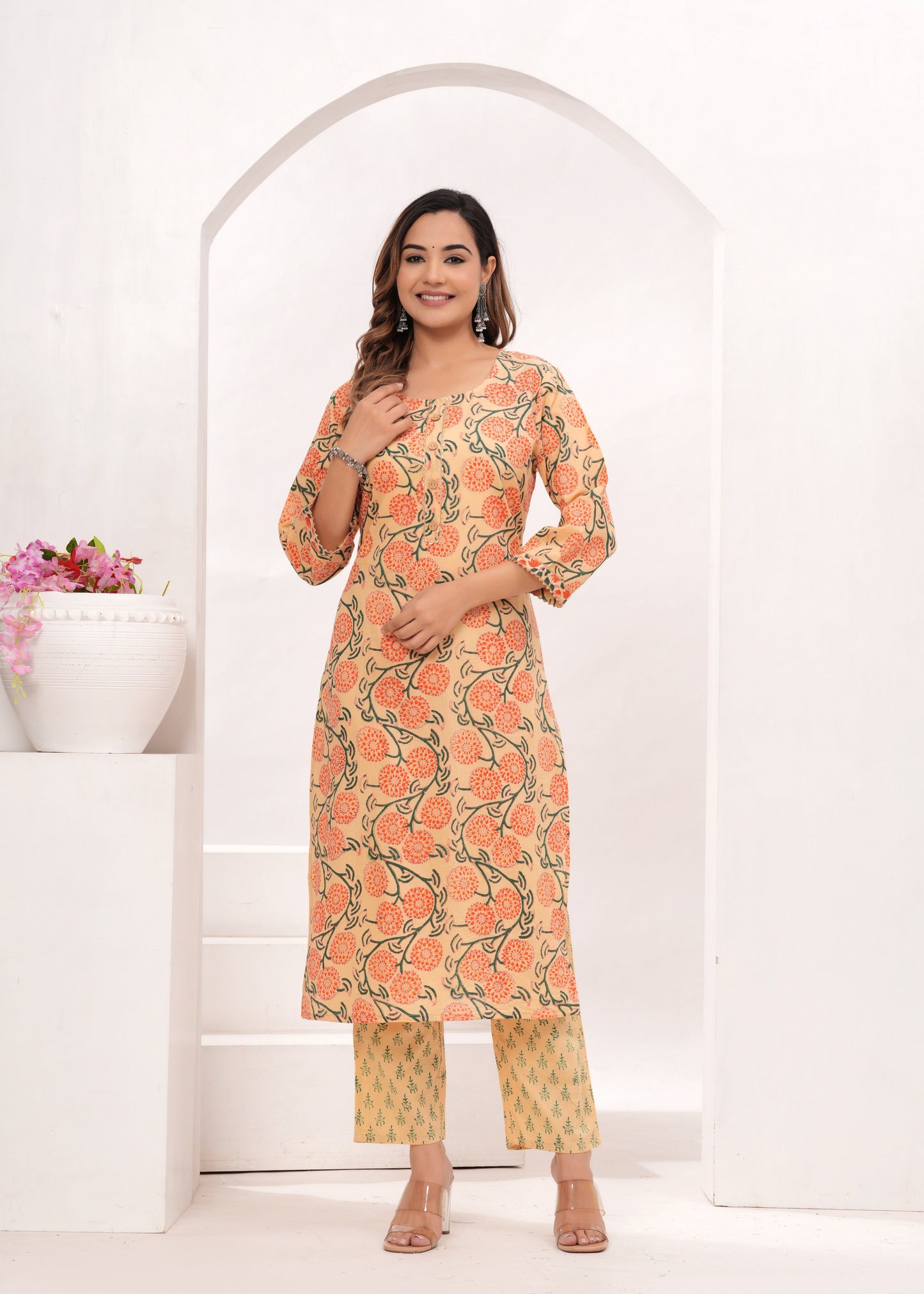 Peach - Orange Floral Hand Block Printed Cotton Suit Set
