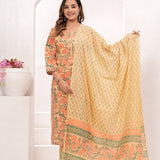 Peach - Orange Floral Hand Block Printed Cotton Suit Set